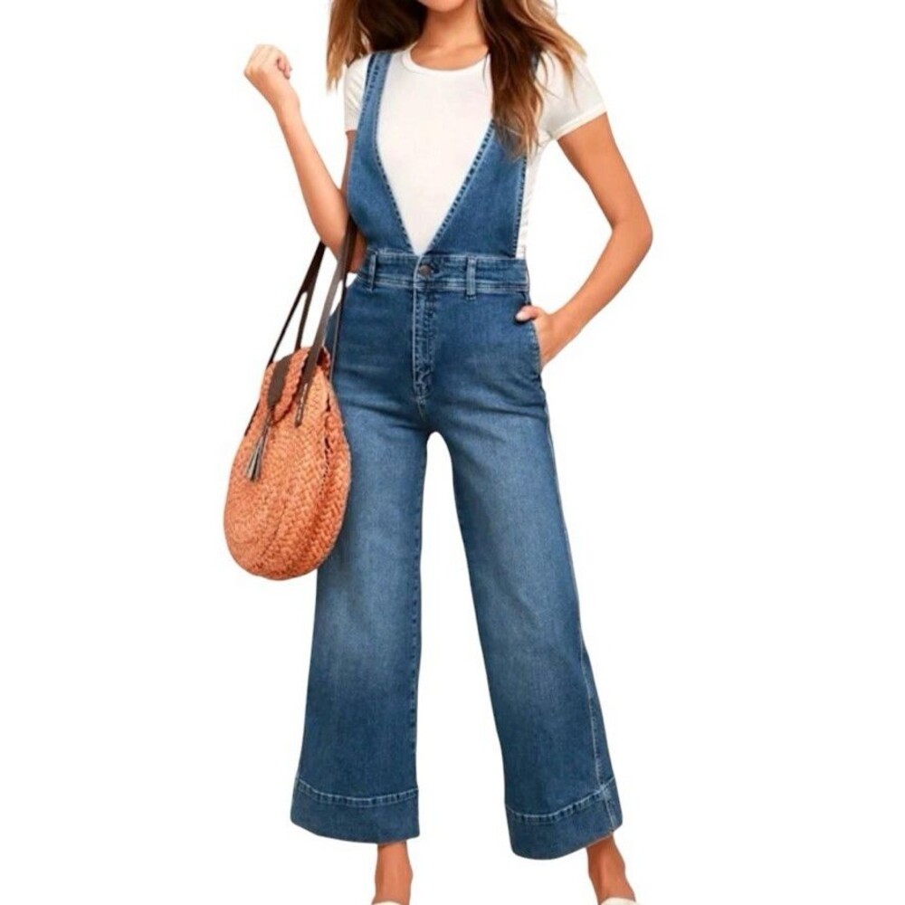 Free People A-Line overall Womens Size 12 Blue Denim Wide Leg Casual